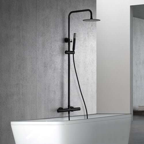 IMEX - Columna Ducha Termostatica sin Grifo | Conjunto de Ducha y Bañera con Alcachofa y Flexo | Griferia con Rociador Ducha Efecto Lluvia | Caudal de 12L/min | Serie Line | Color Negro Mate
