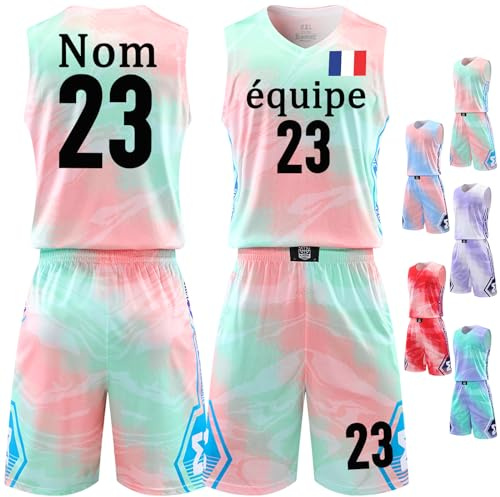 Tenue Basket Personnalisé pour Enfants Adultes, aillot Maillot Basketball T-Shirt Short Set 2 pièces Personnalisé avec Votre Nom, Numéro, Équipe