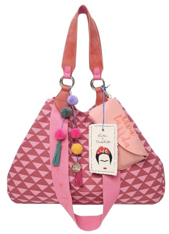 Fritzi x Frida Kahlo Izzy Limited Denim Shopper Damen Schultertasche Handtasche Freizeit Alltag Arbeit Festival Druckknopf Canvas 29 x 42 x 15 cm – Rosa, Pink, Lila, Grün, Orange, Blau