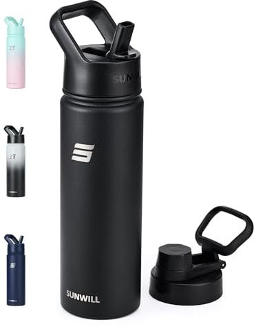 SUNWILL Metal Water Bottle with Straw Stainless Steel, 650ml Insulated Leakproof Thermal Flask for Cold and Hot Drink, Travel, Sports, Gym, Black