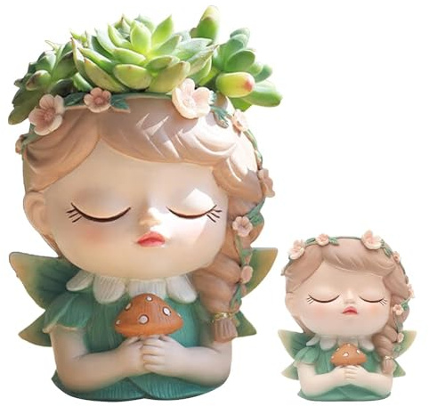 Les-Theresa Cute Face Plant Pots, 4.13 x 3.54 Indoor/Outdoor Resin Head Planters with Drainage, Green