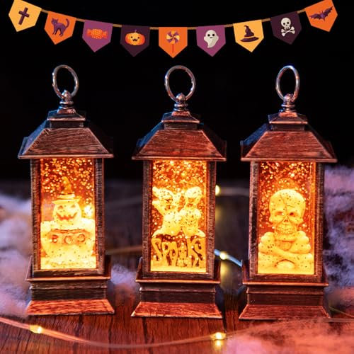 Halloween Deko Schneekugel Laterne mit LED Licht, Halloween Geister Laterne zum Aufhängen, Halloween LED Schneekugel zum Schütteln, Halloween Deko Innen, Tischdeko (3 PCS)