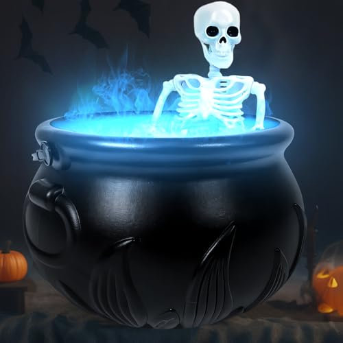 Halloween Deko Outdoor Hexenkessel mit Nebelmaschine,Halloween Witches Cauldron Kunststoff Großer Hexentopf mit Beleuchtung,Hexenkessel Süßigkeiten Kessel Hexen Deko Partys Dekoration (Skelett)