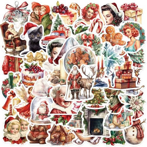 BETESSIN Vintage Aufkleber Weihnachten - 50 Stück Weihnachtssticker mit Ästhetische Retro Mustern - Wasserfeste Vinyl Weihnachtsaufkleber zum Gestalten von Weihnachtskarten, Scrapbook, Laptop usw.