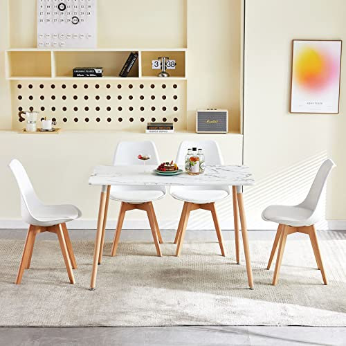 LafeuR Esszimmergruppe Esstisch mit 4 Stühlen Essgruppen, Rechteckig Küchentisch-Set für 4 Personen Sitzgruppe für Wohnzimmer Küche Büro(Marmor Tisch+4 Weiß Esszimmerstühle)