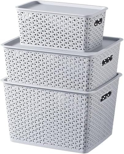 Almineez Set of 3 Resin Woven Effect Plastic Storage Basket Box with Lid | Carry Handles | Multifunctional Box Organiser Decoration - Nursery Baby Clothes Toys Home Bathroom Kitchen Xmas Gift