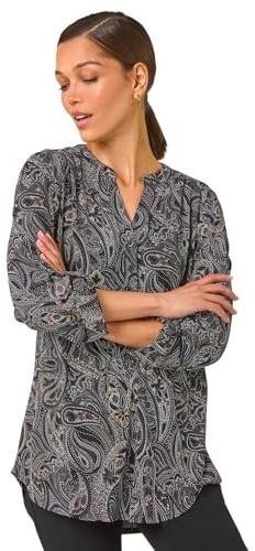 Roman Shirt for Women UK Ladies Top Collarless Blouse Stretchy Tunic Smart Casual Autumn Winter Jersey 3/4 Length Sleeve Notch V Neck Flattering Office Work - Ochre Black - Size 10