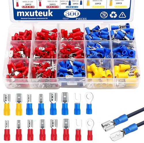 mxuteuk 300Pcs Spade Connector,Crimp Connectors 2.8mm 4.8mm 6.3mm Male and Female Spade Connector kit, 16 Types Crimp Terminals Electrical Connectors Includes Spade Ring Fork Wire Connectors