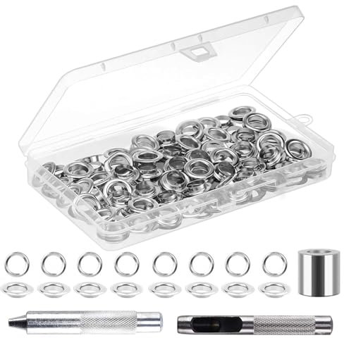 Eyelet Punch Kit, 120Pcs 6MM Grommet Set, Grommet Tool Kit, Eyelets and Punch Metal Eyelets Kit with Storage Box, Eyelets for Canvas, Tarpaulin, Leather, Tent, Awning, DIY Craft Fabric