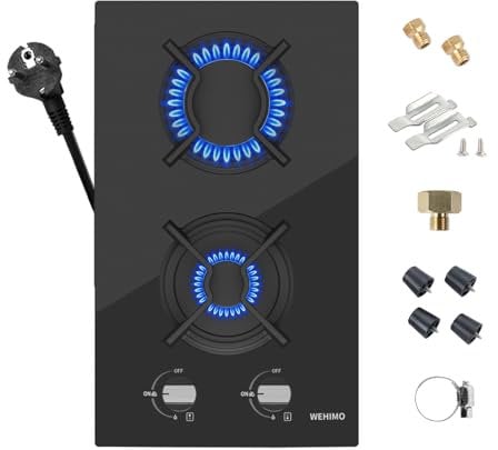 WEHIMO Gaskochfeld 2 Flammig, Glas Einbau-Gaskochfeld, 30cm, 3700W, 2 Kochzonen (2700W+1000W), Domino Gaskochfeld für Propangas und Erdgas, Schwarzes Glas, Geeignet für Alle Töpfe