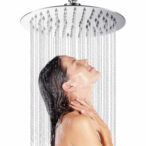 Rain Shower Head 304 Stainless Steel Replacement Rainfall Shower Heads 10'' High Pressure Rainfall Showerhead with Angle Adjustment Silicone Jets for The Ultimate Shower Experience Silvery (Round)