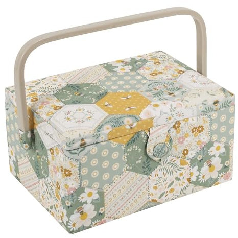 Hobby Gift Caja de almacenamiento exclusiva de tamaño mediano para manualidades y costura, bandeja para accesorios, bolsa para alfiletero, asa de PVC, 18,5 x 25,5 x 14,5 cm, Patchwork Bees