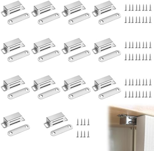 Sqxaldm Lot de 14 loqueteaux magnétiques puissants - En acier inoxydable - Robustes - Avec vis - Pour salle de bain, cuisine, placard, ferme-porte