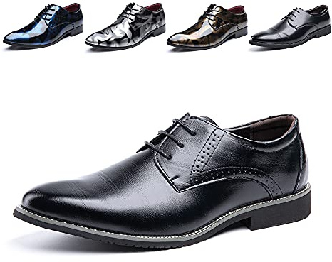 Hitmars Derby Shoes for Men Business Oxford Shoes Brogue Patent Leather Mens Dress Shoes Lace-Ups Formal Slip-On 3 Black UK 8.5