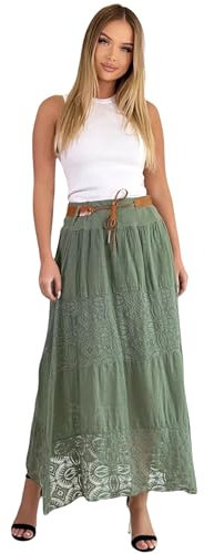 Mississhop Langer Baumwollrock mit Spitze & Gürtel 3094 Olivgrün