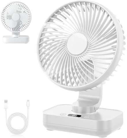 Mapille Mini Ventilateur de Table Silencieux, Oscillation 120°, 4 Vitesses, Petit Ventilateur de Bureau Puissant, 4000mAh Batterie, USB-C Rechargeable & Portable, pour Bureau Maison Extérieur (Blanc)