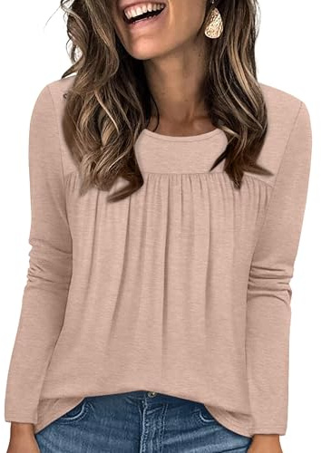 WIHOLL Sweatshirts for Women uk Long Sleeve Tops for Women Crew Neck Ladies Tunic Tops Pleated Ladies Blouses Khaki Size 14-16