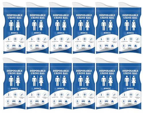 12 Pcs Disposable Urine Bags with Handle, 800ML Portable Urinal for Men, Emergency Toilet Pee Bags, Unisex Vomit Bag Travel Urinals for Men, Women, Pregnant, Patient, Kids, Car, Camping, Hiking(Blue)