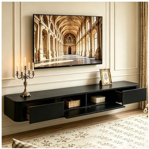 ASKLFNEI Negra Gabinetes De Televisores Flotante,Mueble de TV Largo de 240cm,con 2 Cajones 2 Compartimientos,para Salón, Comedor,Dormitorio y Oficina,No es Necesario ensamblar