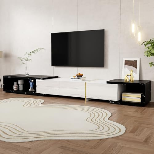 Mobile TV nero bianco oro variabile lunghezza 140-260 cm funzione girevole effetto marmo finitura opaca lucida
