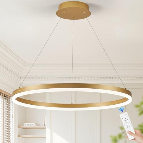 CATINER Moderner LED Rund Hängeleuchte Gold Ring Esszimmer Pendelleuchten Dimmbar mit Fernbedienung LED Kronleuchter für Wohnzimmer Schlafzimmer Küche Eingangsbereich,60cm 3000-6500K