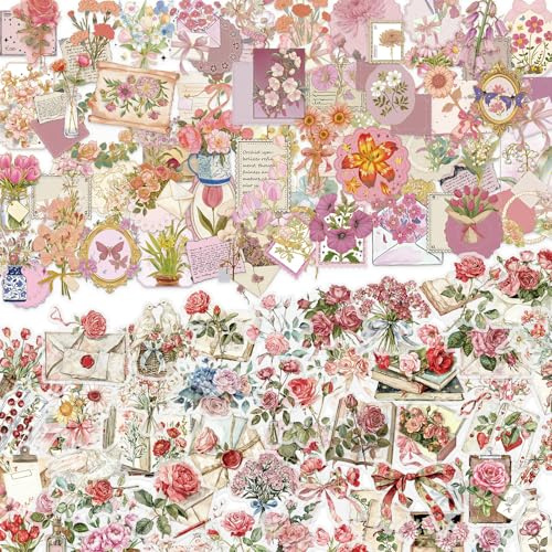 100 Stück Blumen Sticker, Transparente Aesthetic Blumenaufkleber Wasserfeste Sticker, Vintage Blumen Aufkleber, Flower Stickers für Fotoalbum, Journal, Scrapbook, Laptop, Handwerk
