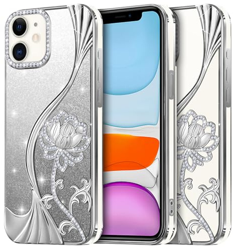LEVIOSA for iPhone 11 Case 6.1 Inch, Glitter Rhinestone Bling Lotus Cover for Women Girls, Soft TPU Shockproof Bumper with 2 Interchangeable Glitter Inserts Silver