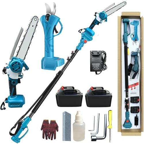 Cordless Chainsaw 4-in-1 Electric Chain Saw with 2 Batteries and Charger, 8-Inch Pole Saw for Tree Branch Trimming and Pruning