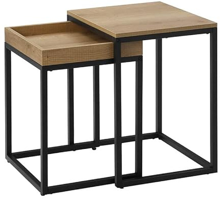 Couchtisch 2er Set für Wohnzimmer – Beistelltische im Loft-Design, ineinander schiebbar, Sofatische aus Holzwerkstoff und Metall, platzsparend, 45 x 40 x 55 cm und 40 x 38 x 51 cm (Honigbraun)