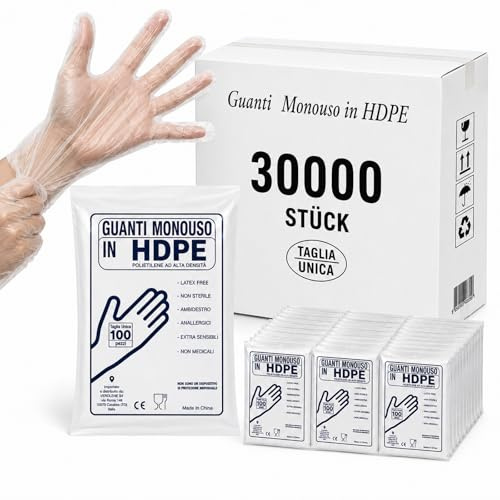 Einweghandschuhe HDPE Transparent 30000 Stück Lebensmittel Einmalhandschuhe | puderfrei, reißfest, Friseurhandschuhe, Bäckerhandschuhe, Dieselhandschuhe, lebensmittelecht, Damen, Herren, Großpackung