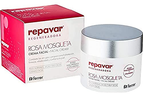Repavar - Crema Viso Idratante - Rosa Mosqueta, Acido Ialuronico e Collagene - Arricchita con Vitamina E e Burro di Karitè - Rigenera la Pelle e Rallenta i Segni dell'Invecchiamento - 50 ml