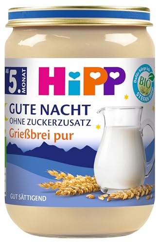 HiPP Bio Milchbrei Gute Nacht Grießbrei pur (6 x 190g), Babybrei ab 6. Monat, Abendbrei ohne Zuckerzusatz, gut sättigend