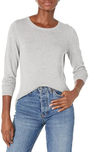 Amazon Essentials Women's Long-Sleeve Lightweight Crewneck Jumper (Available in Plus Size), Light Grey Heather, L
