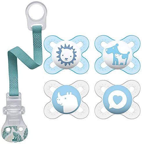MAM Skin Soft-Silikon Mini Schnuller // 0-2 Mo. Blue Colours // 4er Set // inkl. 2 Sterilisiertrasportboxen & NIP Schnullerband