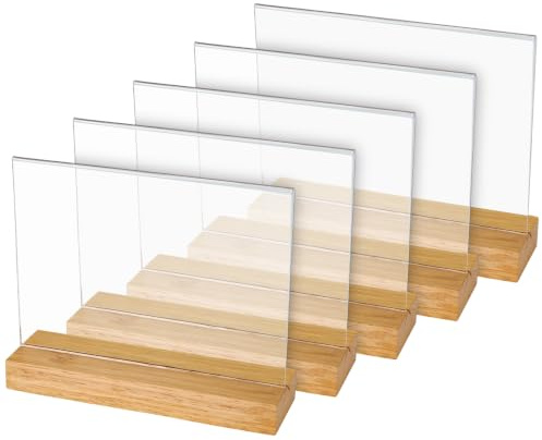 HMF Acryl Tischaufsteller im DIN A5 Querformat, beidseitige Präsentation, Tischkartenhalter mit massivem Holzfuß aus Eiche, 5 Stück, T-Aufsteller für Büro und Gastronomie, Glasklar