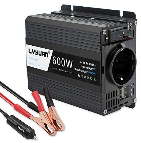 Inversor De Corriente 600W para Coche, Cantonape Transformador De 12v a 220v, Inversor con 1 EU Toma Y Dual Puertos USB 5V/2.4A para iPhone, iPad Y Tableta