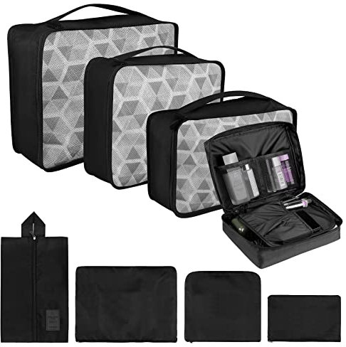 Coolzon Packing Cubes Koffer Organizer, 8 Stück Kofferorganizer Packtaschen Packwürfel mit Schuhbeutel Wäschebeutel Reiseorganizer Kleidertaschen für Rucksack (Schwarz)