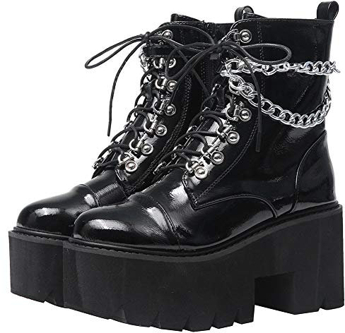 CYNLLIO Stivaletti alla caviglia da combattimento con tacco a blocco, alla moda, da donna, con lacci, borchie, stivali da moto a metà polpaccio, 4 nero, 37.5 EU