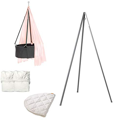 Leander Wiegen-SET - ALL INCLUSIVE - Wiege grau mit Stativ grau, Schleier dusty rose, 2 Spannbetttücher weiß, 1 Matratzenauflage