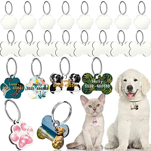 Xuniea 16 etiquetas de perro en blanco por sublimación en forma de pata, etiquetas de perro en blanco de doble cara con llavero, placa de transferencia de calor de MDF para mascotas, etiqueta colgante