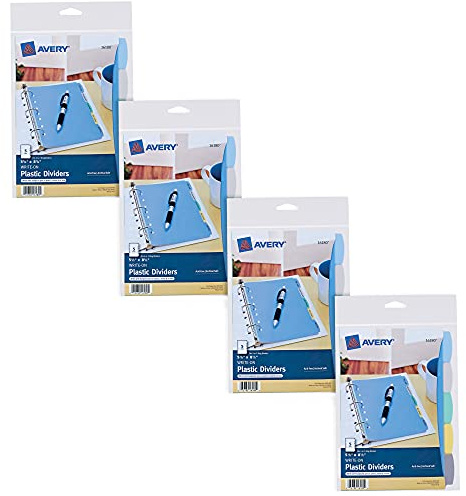 Avery Write & Erase Mini-Trennblätter aus Kunststoff für 3 Ringbücher und 7 Ringbücher, 14 x 21,6 cm, 5 Register-Sets, mehrfarbig, 4 Ordner-Trennblätter (21982)
