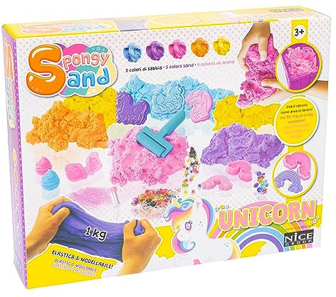 Nice Group - Spongy Sand Unicorns - Juego de arena de colores con piedras, estrellas, rodillo, 3 moldes Unicornio, arco iris, caballete