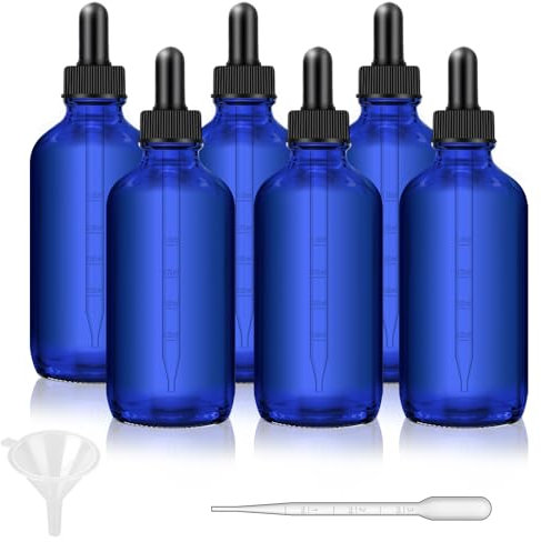 Bumobum Tropfflasche aus Glas, 118 ml, blaue Glasflasche für ätherische Öle, mit Trichter, Etiketten und Pipette, 6 Stück