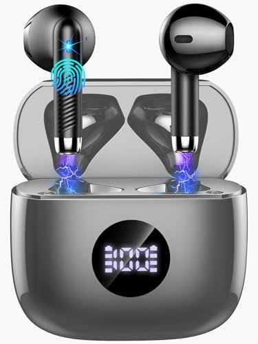 Bluetooth 5.3 Kopfhörer, In Ear Kabellos 2 Mikrofon, 2022 HiFi Stereo Kabellose LED Leistungsanzeige USB C IP7 Wasserdichte Sport Ohrhörer 40H Spielzeit Schwarz
