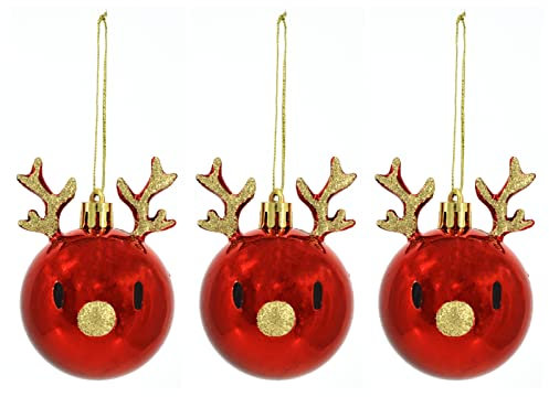 Fassory 3 Pcs Reindeer Shaped Christmas Baubles, Christmas Ornament Hanging Tree Decorations, Xmas Tree Pendants (Reindeer Red)