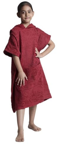 ALLEN & MATE 100% BAUMWOLLE Kinder-Strandtuch-Poncho – schnelltrocknender Bademantel zum Umziehen mit Kapuze und Tasche für Jungen und Mädchen (6–9 Jahre, Weinroter Delphin)