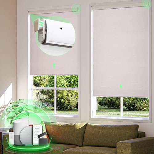 Motorized Blinds with Remote, No Drill Cordless Roller Shades, 100% Blackout Smart Blinds, Compatible with Alexa, Google, Automatic Blinds for Windows, 23 Wx72 H