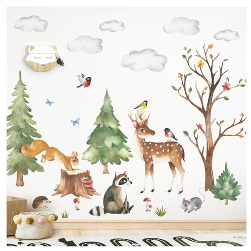 DEKO KINDERZIMMER Wandsticker Waldtiere Baum Wandtattoo Waschbär REH Maus Wandaufkleber Babyzimmer Kinderzimmer Wanddeko DK1057-4
