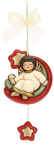 THUN - Traumfänger mit Engel aus Keramik, handdekoriert, Weihnachtswünsche, Stern 4 x 4 x 1,6 cm; Engel 29 cm