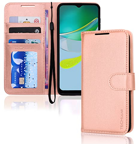TECHGEAR Moto E13 Leather Wallet Case, Flip Protective Case Cover with Wallet Card Holder, Stand & Wrist Strap, Rose Gold PU Leather with Magnetic Clasp For Motorola Moto E13